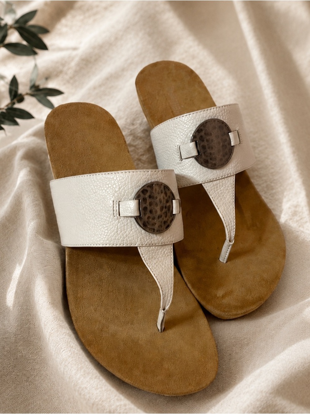 Bjorndal White and Brown Sandals with Metal Buckle